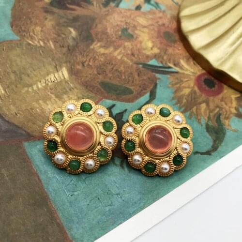 Vintage Earrings Stud Jewelry Colorful Pink Stone Round Geometry Accessories For Femme Girls