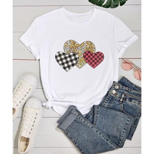 Womens Shirt Harajuku Heart Print Short Sleeve Round Collar Womens Elastic T-shirt Womens T-shirt Fashion Graphic T-shirt