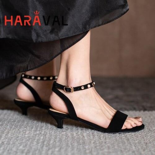 HARAVAL Women Sandals Shoes High Heels Kid Suede Modern Sandals Black Brown Solid Casual Shoes Women Buckle Strap Shoes B298
