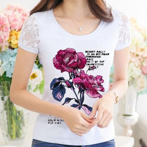 Camisetas Mujer 2021 Summer Rhinestone Tshirt Women Lace Short Sleeve Lady T Shirt Printing Womens T-Shirt Woman diamond tops