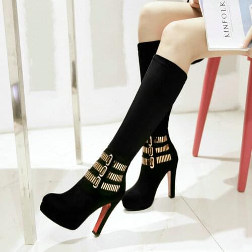 Size 34-43 New 2020 Knee High Boots Women Faux Suede Fashion Calf Boots Platform Square Heel Ladies Womens Winter Boots