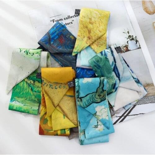 Summer Retro Hair Tied Oil Painting Long Silk Scarf Hair Band Braided Hair Chiffon Thin Ribbon Scarf For Women