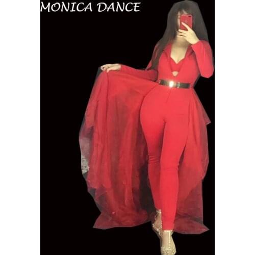 Sexy Long Sleeves Red White Jumpsuit Women Birthday Costume DS Dance Bodysuit Bra Mesh Tail Outfit Nightclub Singer Dance Outfit