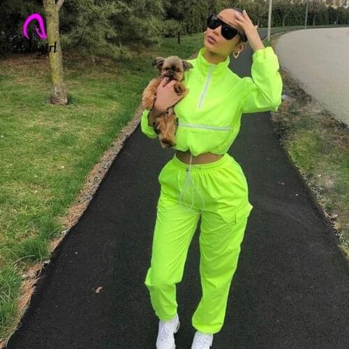 Neon Green 2019 Women Zip Turtleneck Long Sleeve Hooded and Jogging Pants Suits 2 Pieces Matching Set Sportwear Tracksuit Outfit