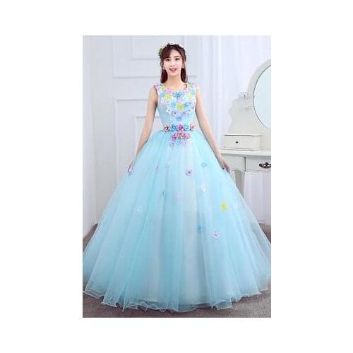 Freeship flower petals light blue dream fairy long dress studio/stage/chorus/Victorian dress