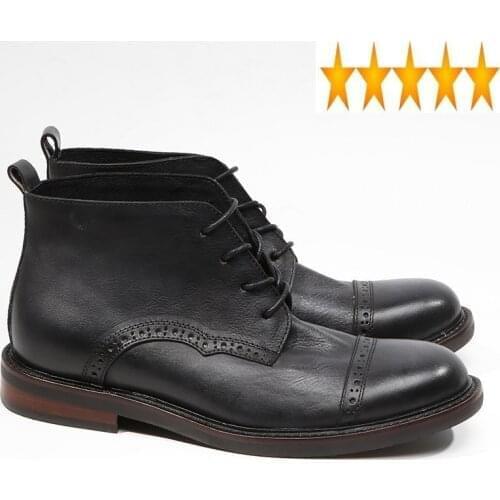 Leather Vintage Work Ankle Genuine Shoes Spring Autumn Black Round Toe Booties Handmade Brogue Wing Tip Boots Men
