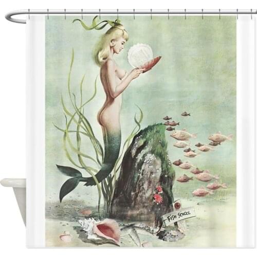 Retro Pin Up 1950S Mermaid with School of Fish Sho Decorative Fabric Shower Curtain