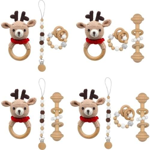 Baby Pacifier Clip Dummy Chain Holder Wooden Teething Bracelet Crochet Toy Rattle Soother Molar Infants Teether Newborn Shower G