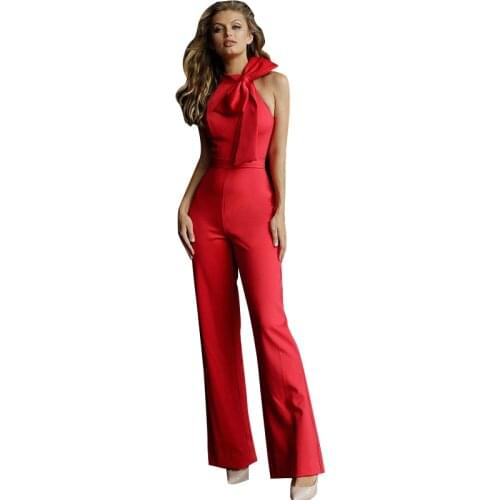 Elegant Bow Jumpsuits Halter Sleeveless Wide Leg Pants Trouser Casual Romper Women 21 Summer Slim Party Jumpsuit Female LD2044