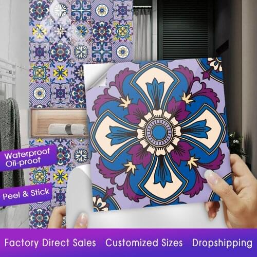 Purple Floral Ornament Hard Tile Ceramics Wall Sticker Kitchen Wardrobe Home Renovation Wall Decals Peel & Stick Tiles Art Mural