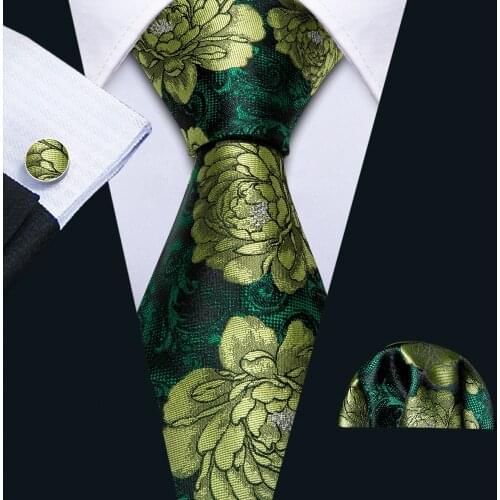 Fashion Men Tie Green Floral Necktie Gravat Handkerchief Set Silk Ties For Men Party Business Gift Barry.Wang Designer FA-5214