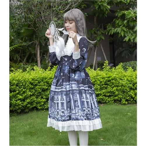 Gothic japanese sweet lolita dress vintage falbala stand high waist printing victorian dress kawaii girl gothic lolita op cos