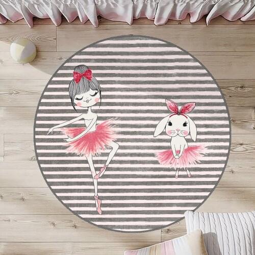 Gri Yuvarlak Çocuk Odası Halısı beyaz pembe tavşan kız gri çizgi