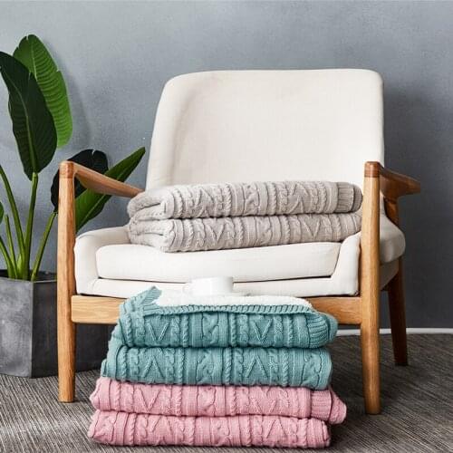 Nordic Style Cotton Thread Blanket 130*160CM Solid Blue Pink Color Yarn Knitted Sofa Throw Portable Travel Blankets