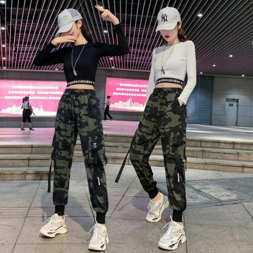 2pcs Set Camouflage Pants + Crop Top Long Sleeve Tshirt Street Cargo Casual Joggers Sweatpants Black White Trouser Pantalones