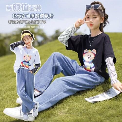 Girl Fashion Sets Childrens Spring Autumn Cotton Fake Two Pieces Tops+ Loose Jeans Temperament Clothing Sets Child Clothes Girl