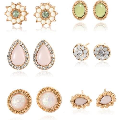 CRLEY 6pairs Stud Earrings Set Summer Jewelry For Women Girls Teardrop Flowers Round Rhinestone Colorful Jewelry Wholesale