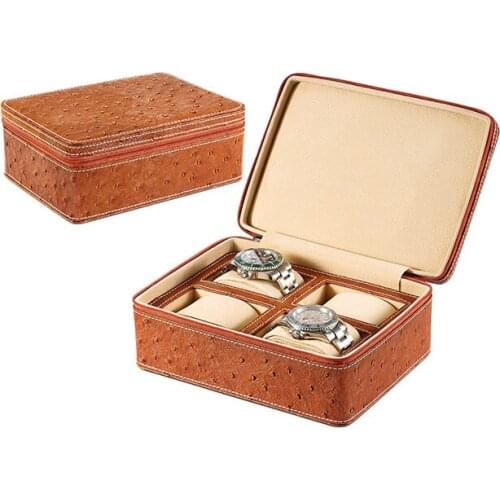 Brown PU Leather Watch Box Square Jewelry Storage Organizer For 4 Watches Zipper Boxes Multi-functional Bracelet Display Case