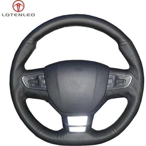 LQTENLEO Black Genuine Leather Hand-stitched Car Steering Wheel Cover For Peugeot 3008 2016 2017 2018 2019 Peugeot 301 2017