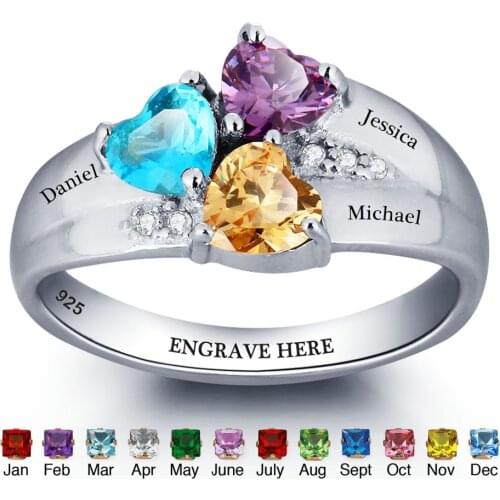 Personalized Birthstone Ring 925 Sterling Silver Heart Stones Engrave Name Jewelry Engagement Gift Mother Rings (RI101793)