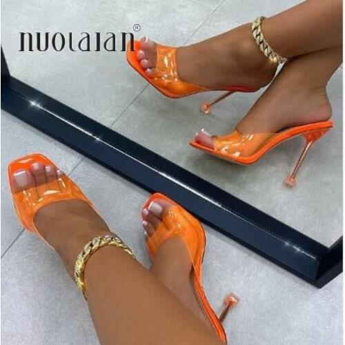 Summer square toe women pumps pvc Transparent slippers women high heels ladies slippers sandal party dress mules shoes woman