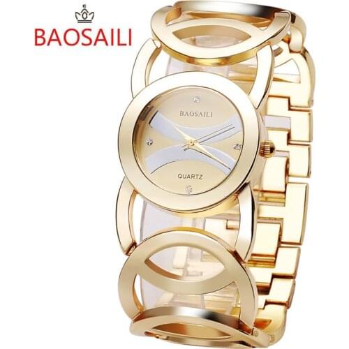 Women Watches Lady Analog Quartz Clock New Stytle Imitation Gold Plated Circles Strap Stainless Steel Back Shinning Clock