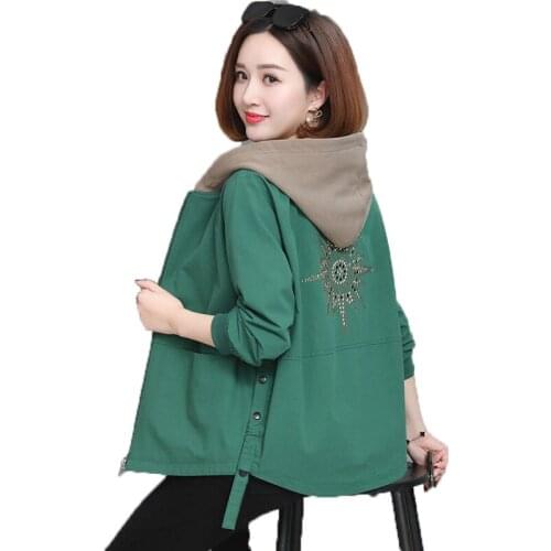 Short Trench Coat Female Spring Autumn New Womens Trench Korean Style Fashion Plus Size Hooded Coat Outerwear Green 5XL W545