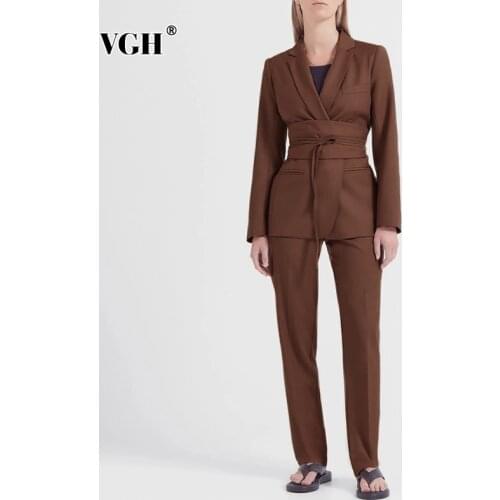 VGH Casual Coffee Two Piece Set For Women Notched Long Sleeve Tunic Blazer High Waist Straight Pant Solid Pants Suits Female New