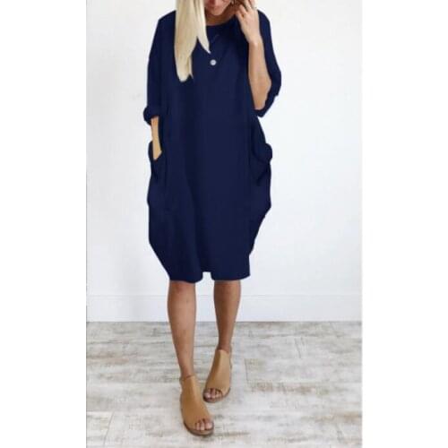 5XL 2019 Autumn Womens dresses Pocket Loose Dress Summer dress Casual Long girl Tops Dress Ladies Crew Neck female Solid vestid