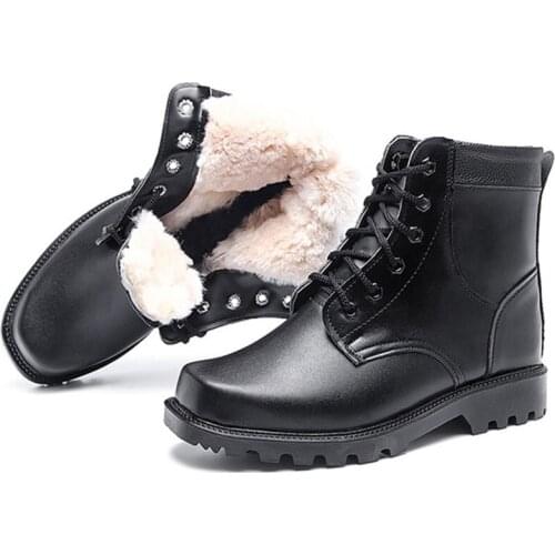 Winter Mens Outdoor Training Shoes Leather Thick Wool Boots Mens Plus Velvet Warm Cotton Shoes Military Hook Combat Boots