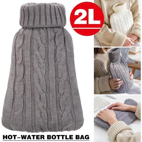 2L Dark Grey Anti-scalding Cover Washable Rubber Hot-water Bottle Knitted Polyester Bag Cover Winter Bed Warmer