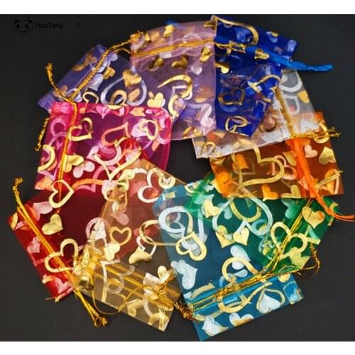 50pcs Organza Bags Heart Bronzing Jewelry Packaging Bags Wedding Party Decoration Bags Gift Pouches 7X9 9X12 15X20 20X30cm 8Z