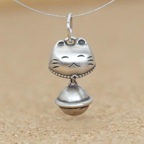 925 Sterling Silver lovely Luck Fortune Cat Bell Pendant Charm A2087