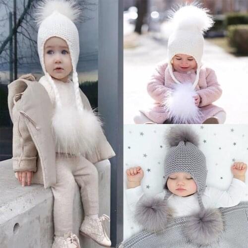 Baby Pom Pom Beanie Warm Knitted Hats Real Fur Hat For kids Winter Beanies Girl And Boy Ear Cap