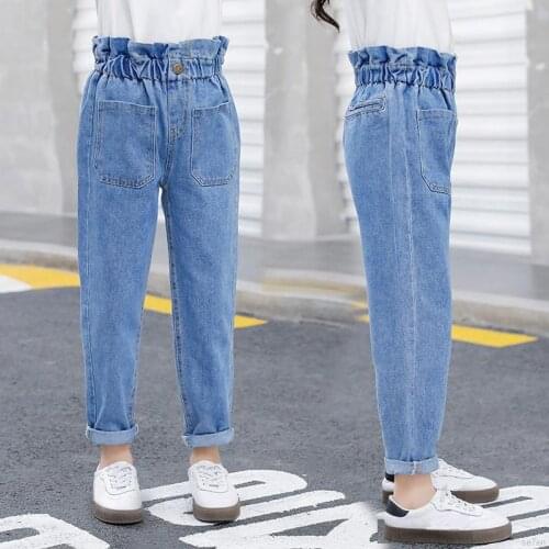 2021 Spring And Autumn Girls High Waist Jeans Blue Slim Fit Denim Material For Girls Trousers 4-16 year fashion student Pants
