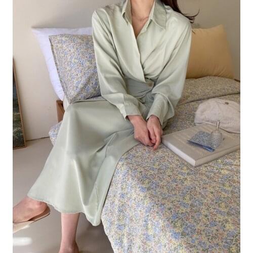 Elegant Korean Autumn Party Dress Women Turn Down Collar Long Sleeve Long Midi Dress One Button A-Line Slim Cotton Dress
