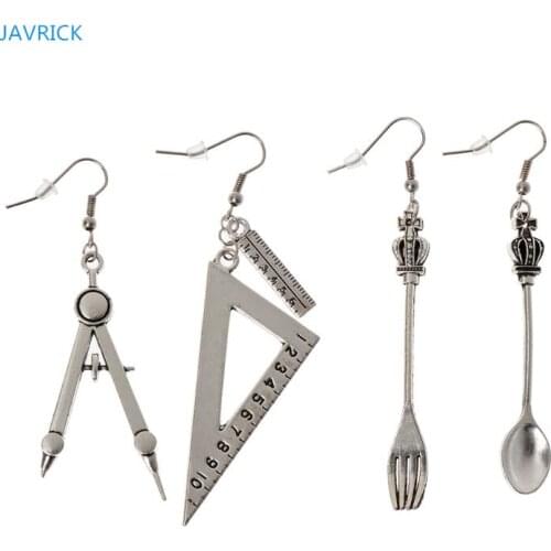 Harajuku Spoon Fork Triangle Ruler Asymmetric Earrings Antique Sliver Jewelry