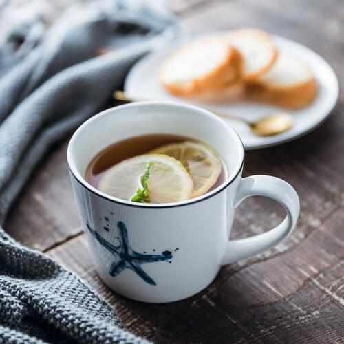 Creative Marine Pattern Ceramic Cup Single Layer Office Mug Milk Breakfast Cup Shell Starfish Pattern Practical Gift