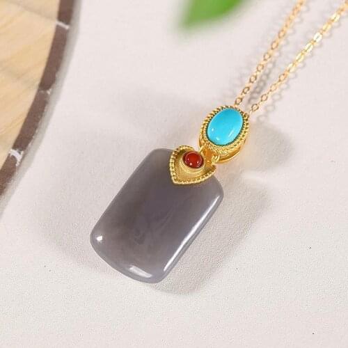 Original S925 Sterling Silver Lucky Pendant Pendant Natural Hetian Jade Smoke Mauve Jade Creative Retro Lucky Pendant Pendant Or