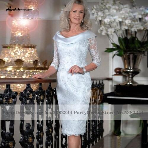 Lakshmigown Vintage Navy Blue Lace Mother of the Bride Dresses Knee Length Wedding Guest Silver Mother Evening Dress Party