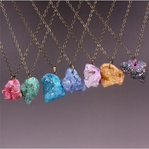 Micromart 7 Colors Natural Stone Quartz Crystal Purple crystal Druzy Pendant Statement Necklaces Antique Bronze Chain