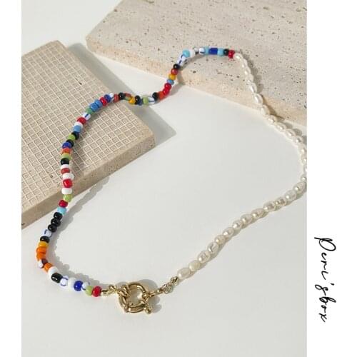 PerisBox Trendy Asymmetric Colorful Acrylic Bead Pearl Choker For Women Boho Freshwater Pearl Toggle Clasp Necklaces