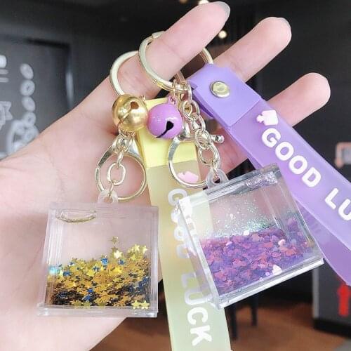 Fashion Quicksand Oil Square Bottle Keyring Liquid Sequin Acrylic Keychain for Women Girl Bag Pendant Car Key Chain Gifts