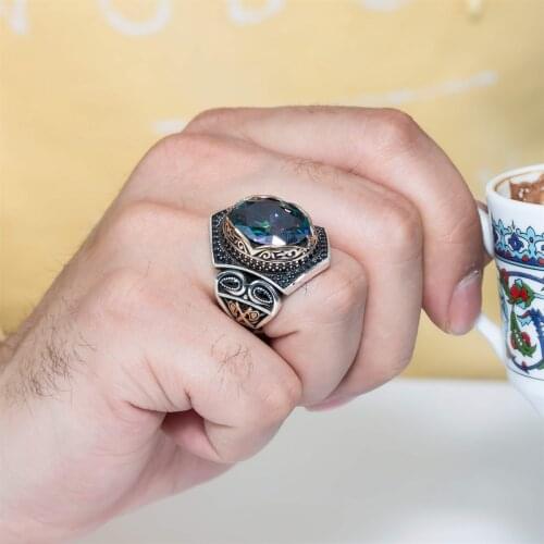 Mystic Topaz Stone Motif Silver Men 'S Ring
