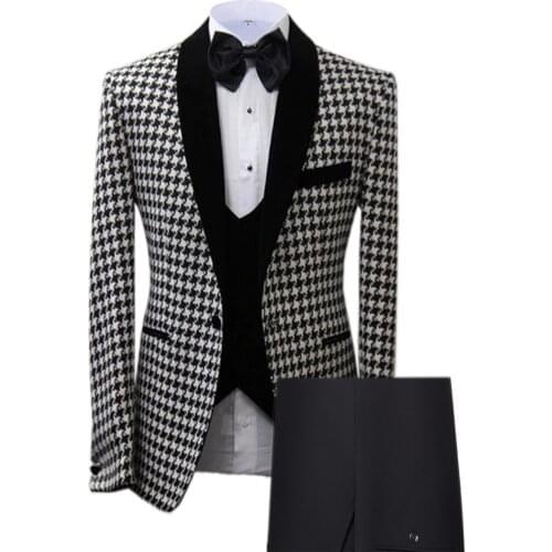 2020 New Mens Suits Slim Fit Prom Tuxedos 3 Piece Houndstooth Plaid Wool Wedding Groom(Blazer+Vest+Pants)