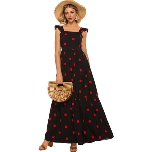 New Summer Bohemian Maxi Dress Vintage Women Sleeveless Long Party Dresses Polka Dot Ruffle Strap Dress Holiday Beach Vestidos