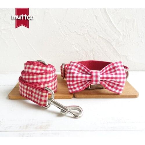 MUTTCO red plaid dog collar with bow tie THE RED YUMMY PLAID creative soft dog collar leash set Butterfly Knot 5 sizes UDC047