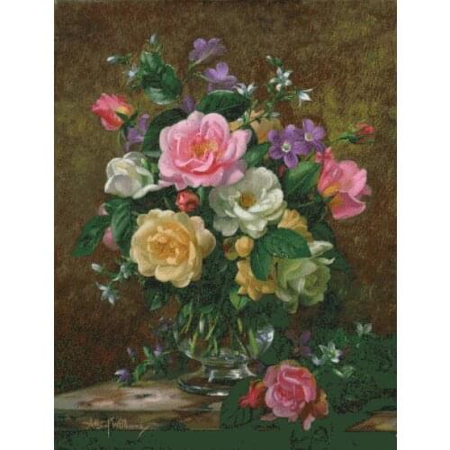 Rose vase pink yellow cross stitch package big bloom 18ct 14ct 11ct cloth cotton thread embroidery DIY handmade needlework