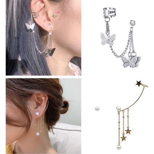 One-piece earring Rhinestone Moon Star Butterfly Long Chain Earrings hoop Tassel Piercing Earrings Jewelry for Women Girls Gift