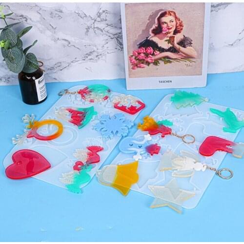 066C Christmas Resin Silicone Molds Merry Christmas Theme Mold Snowflake Xmas Tree Bell Santa Angel Snowman Heart Elk 2 Types